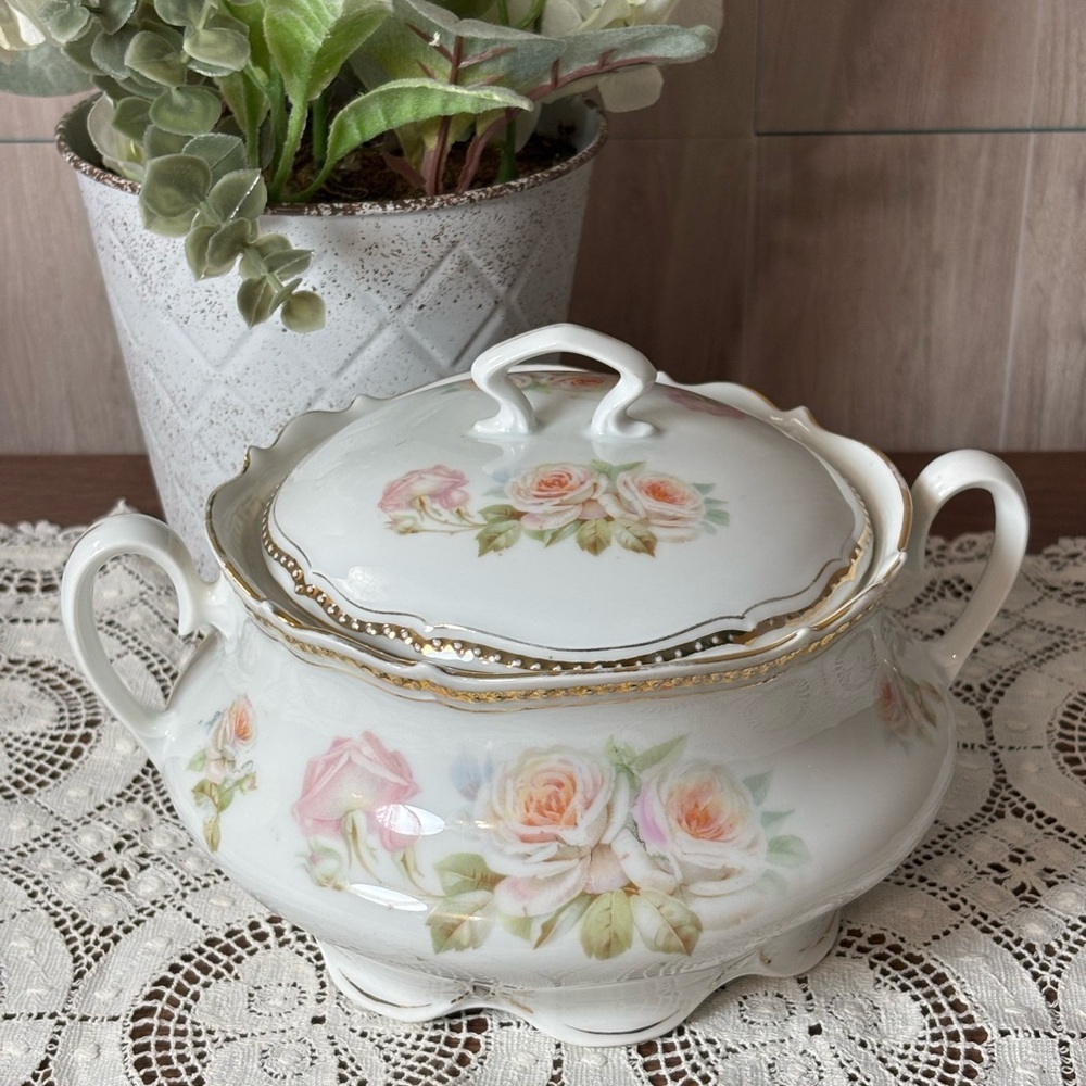 Vintage Antique P.K. Silesia Rose Porcelain Cracker Jar with Lid or Serving Dish - Picture 1 of 9